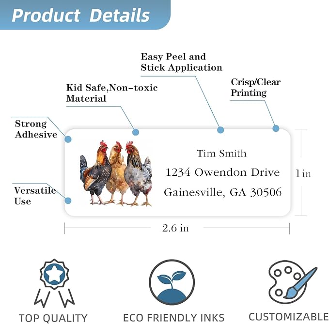 Address Labels Personalized Return Address Labels, 2.6" x 1" Farm Chicken Custom Mailing Label for Envelopes (30 - 1200) Customized Self Adhesive Stickers Printable Mail Envelope Adress Label, White | Address Labels - TrueDesk