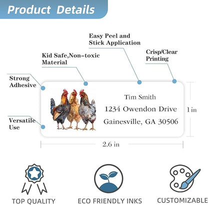 Address Labels Personalized Return Address Labels, 2.6" x 1" Farm Chicken Custom Mailing Label for Envelopes (30 - 1200) Customized Self Adhesive Stickers Printable Mail Envelope Adress Label, White | Address Labels - TrueDesk