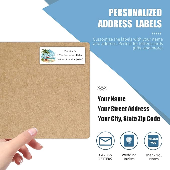 Address Labels Personalized Return Address Labels, 2.6" x 1" Summer Beach Custom Mailing Label for Envelopes (30 - 1200) Customized Self Adhesive Stickers Printable Mail Envelope Adress Label, White | Address Labels - TrueDesk