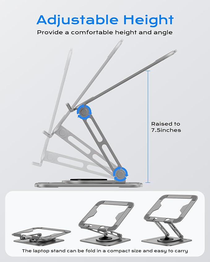 Adjustable Laptop Stand for Desk with 360 Base, Ergonomic Laptop Riser, Mount, Holder Notebook Computer Stand for MacBook Air Pro, HP, Dell, XPS, HP 16" Laptops - Gray | Stands - TrueDesk
