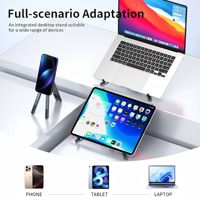 Adjustable Laptop Stand for Desk with Magnetic Phone Holder, MagSafe Compatible Portable Foldable Computer Riser for MacBook, iPhone, iPad, Tablet - Perfect for Office, Home, Traveling (black) | Stands - TrueDesk