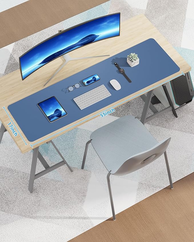 AFIING Leather Desk Pad Protector,Mouse Pad,Office Desk Mat, Non - Slip PU Leather Desk Blotter,Large Desk mat,Waterproof Keyboard mat for Office/Home/Decor (Grey Blue,55"" x 17"") | Desk Pads Blotters - TrueDesk