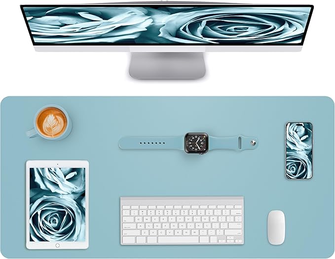 AFIING Leather Desk Pad Protector,Mouse Pad,Office Desk Mat, Non - Slip PU Leather Desk Blotter,Large Desk mat,Waterproof Keyboard mat for Office/Home/Decor (Light Blue,35"" x 17"") | Desk Pads Blotters - TrueDesk