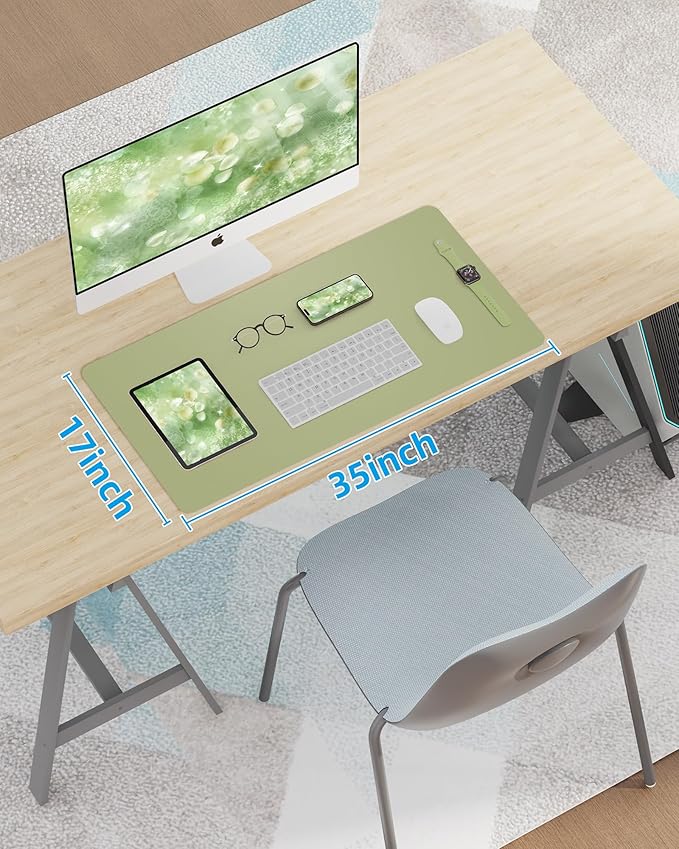 AFIING Leather Desk Pad Protector,Mouse Pad,Office Desk Mat, Non - Slip PU Leather Desk Blotter,Large Desk mat,Waterproof Keyboard mat for Office/Home/Decor (Olive Green,35"" x 17"") | Desk Pads Blotters - TrueDesk