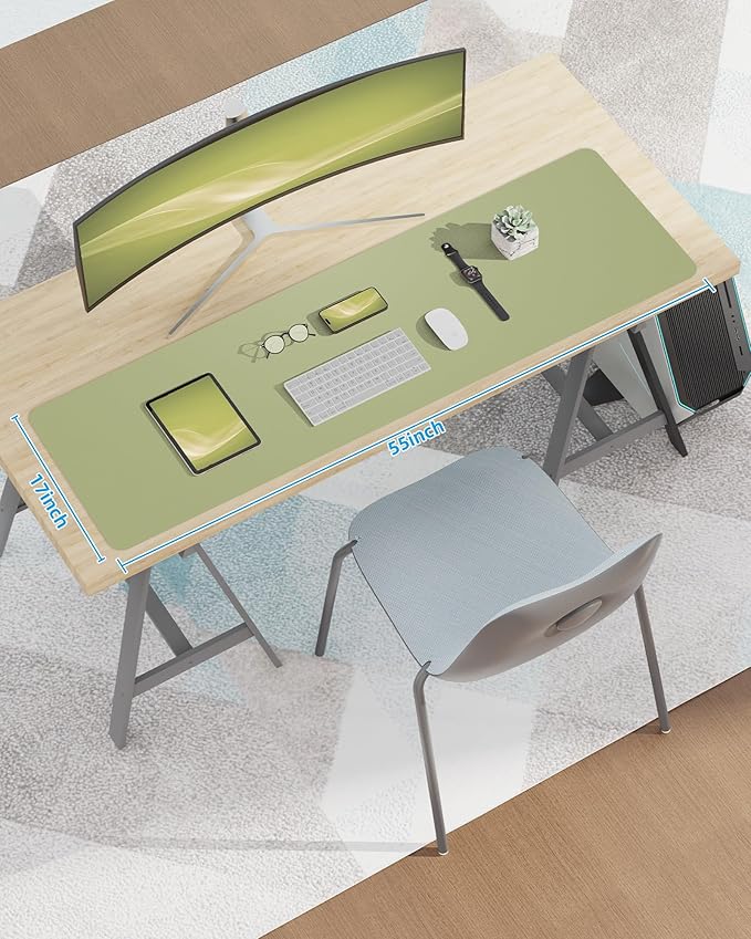 AFIING Leather Desk Pad Protector,Mouse Pad,Office Desk Mat, Non - Slip PU Leather Desk Blotter,Large Desk mat,Waterproof Keyboard mat for Office/Home/Decor (Olive Green,55"" x 17"") | Desk Pads Blotters - TrueDesk