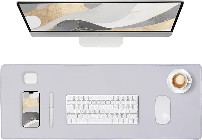 ALOANES Silvery Waterproof Desk Mat, Large Mouse Pad with Extended Mouse Mat, with Anti Slip Base, Stitched Edge, Grain Jacquard Surface, Perfect for Gamer, Office & Home, 3XL(15.74''x35.43''x0.12'') | Mouse Pads - TrueDesk