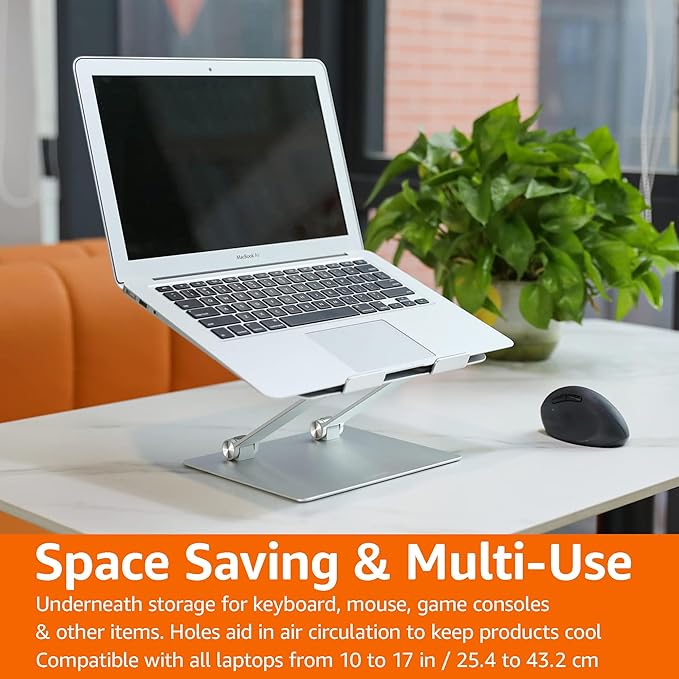 Amazon Basics Sturdy and Portable Ergonomic Laptop Stand for Desk, Height Adjustable Riser with Ventilated Cooling, Foldable, Fits all Laptops up to 17.3 Inch, Silver, 10 x 8.7 x 6 in | Stands - TrueDesk