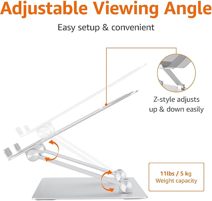 Amazon Basics Sturdy and Portable Ergonomic Laptop Stand for Desk, Height Adjustable Riser with Ventilated Cooling, Foldable, Fits all Laptops up to 17.3 Inch, Silver, 10 x 8.7 x 6 in | Stands - TrueDesk