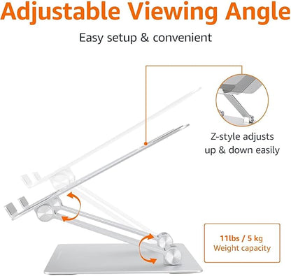 Amazon Basics Sturdy and Portable Ergonomic Laptop Stand for Desk, Height Adjustable Riser with Ventilated Cooling, Foldable, Fits all Laptops up to 17.3 Inch, Silver, 10 x 8.7 x 6 in | Stands - TrueDesk