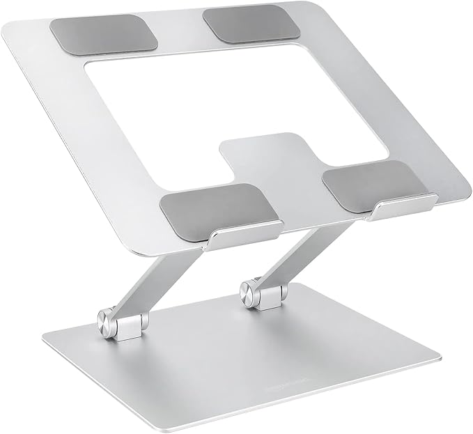 Amazon Basics Sturdy and Portable Ergonomic Laptop Stand for Desk, Height Adjustable Riser with Ventilated Cooling, Foldable, Fits all Laptops up to 17.3 Inch, Silver, 10 x 8.7 x 6 in | Stands - TrueDesk