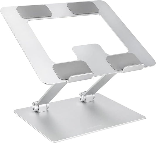 Amazon Basics Sturdy and Portable Ergonomic Laptop Stand for Desk, Height Adjustable Riser with Ventilated Cooling, Foldable, Fits all Laptops up to 17.3 Inch, Silver, 10 x 8.7 x 6 in | Stands - TrueDesk