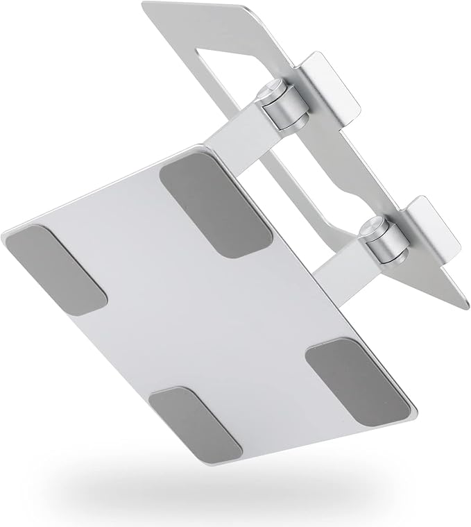 Amazon Basics Sturdy and Portable Ergonomic Laptop Stand for Desk, Height Adjustable Riser with Ventilated Cooling, Foldable, Fits all Laptops up to 17.3 Inch, Silver, 10 x 8.7 x 6 in | Stands - TrueDesk