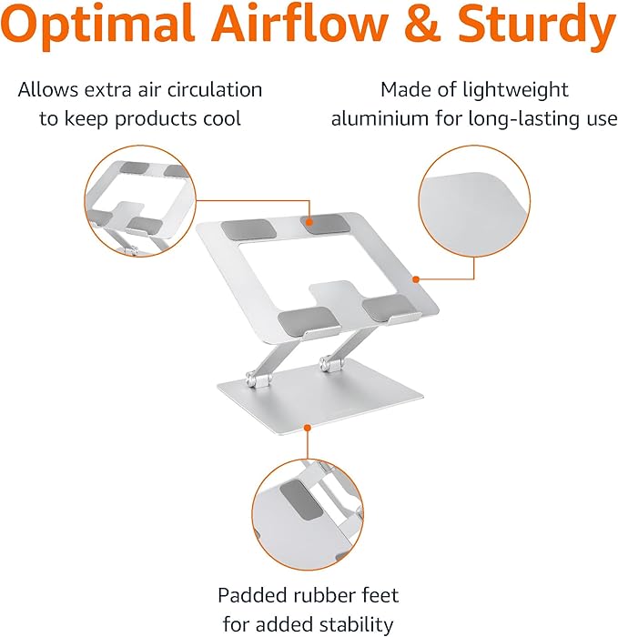Amazon Basics Sturdy and Portable Ergonomic Laptop Stand for Desk, Height Adjustable Riser with Ventilated Cooling, Foldable, Fits all Laptops up to 17.3 Inch, Silver, 10 x 8.7 x 6 in | Stands - TrueDesk