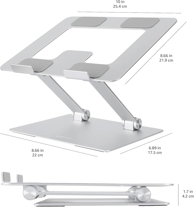 Amazon Basics Sturdy and Portable Ergonomic Laptop Stand for Desk, Height Adjustable Riser with Ventilated Cooling, Foldable, Fits all Laptops up to 17.3 Inch, Silver, 10 x 8.7 x 6 in | Stands - TrueDesk