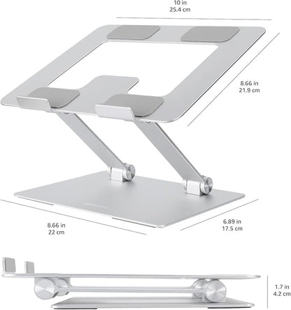 Amazon Basics Sturdy and Portable Ergonomic Laptop Stand for Desk, Height Adjustable Riser with Ventilated Cooling, Foldable, Fits all Laptops up to 17.3 Inch, Silver, 10 x 8.7 x 6 in | Stands - TrueDesk