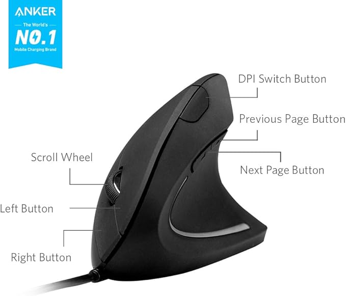 Anker USB Wired Vertical Mouse, Ergonomic Design Mouse for Computer and Laptop, 5 Buttons, 1000/1600 DPI, Optical Technology, USB Corded - Black | Mice - TrueDesk
