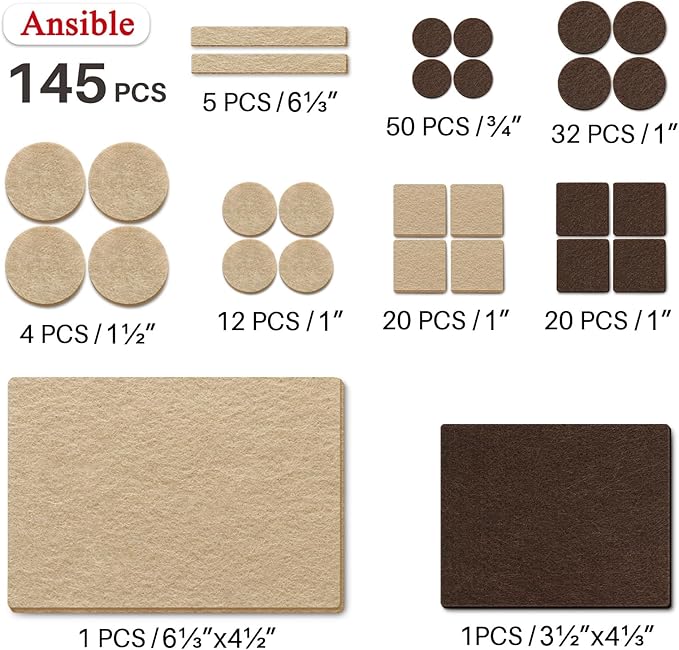 Ansible 145 PCS Felt Furniture Pads, Furniture Pads for Hardwood Floors, Chair Leg Feet Wood Floor Protectors (Brown and Beige) | Furniture Pads - TrueDesk