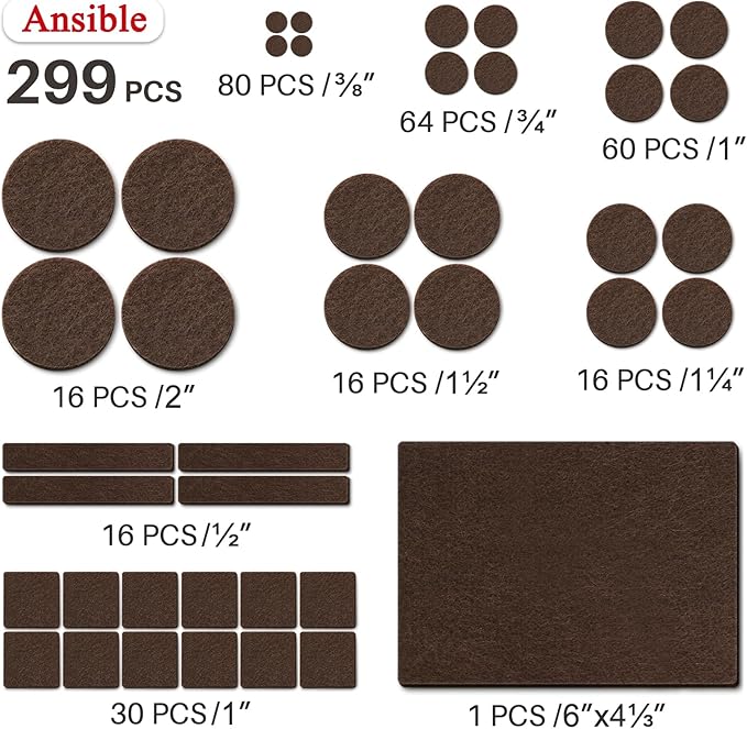 Ansible 299 PCS Felt Furniture Pads, Furniture Pads for Hardwood Floors, Chair Leg Feet Wood Floor Protectors (Brown) | Furniture Pads - TrueDesk