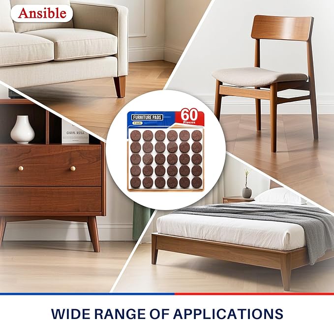 Ansible 60 PCS Felt Furniture Pads, Felt Pads for Chair Leg Floor Protectors for Hardwood Floors Round (Brown) | Furniture Pads - TrueDesk