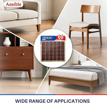 Ansible 60 PCS Felt Furniture Pads, Felt Pads for Chair Leg Floor Protectors for Hardwood Floors Square (Brown) | Furniture Pads - TrueDesk