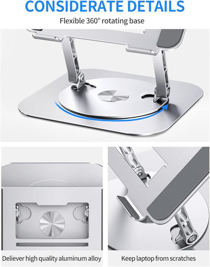 AOEVI Adjustable Computer Stand with 360 Rotating Base, Ergonimic Foldable Laptop Riser for Desk Compatible with MacBook Pro/Air Notebook up to 16 Inches, Silver | Stands - TrueDesk