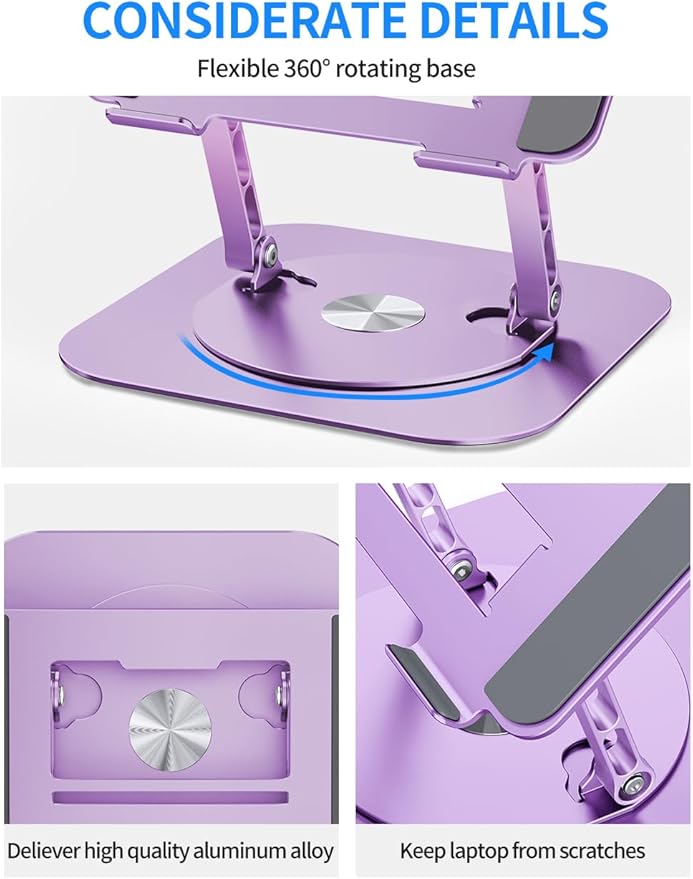 AOEVI Adjustable Laptop Stand with 360 Rotating Base, Computer Ergonimic Foldable Laptop Riser for Desk Compatible with MacBook Pro/Air Notebook up to 16 Inches, Purple | Stands - TrueDesk