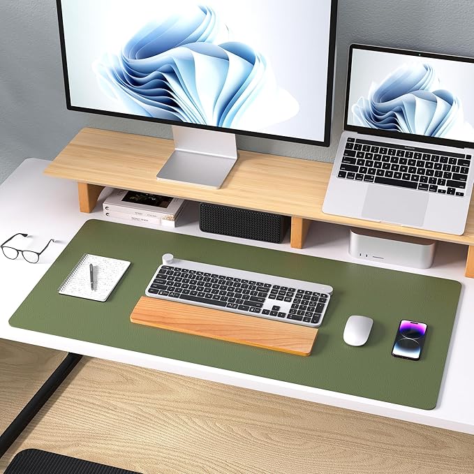 Aothia Desk Protector Mat, Mouse Pad, Non - Slip Waterproof PU Leather Desk Blotter, Laptop, Writing for Office and Home (23.6" x 13.7", Olive Green) | Mouse Pads - TrueDesk