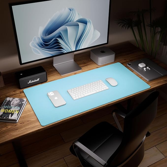 Aothia Double - Sided Desk Pad – 25.6"x13.7" Large Mouse Pad, Leather Desk Mat with Eco Cork Protector, Waterproof Desk Blotter for Office/Home (Blue Topaz) | Mouse Pads - TrueDesk