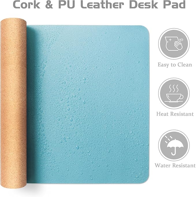 Aothia Double - Sided Desk Pad – 25.6"x13.7" Large Mouse Pad, Leather Desk Mat with Eco Cork Protector, Waterproof Desk Blotter for Office/Home (Blue Topaz) | Mouse Pads - TrueDesk