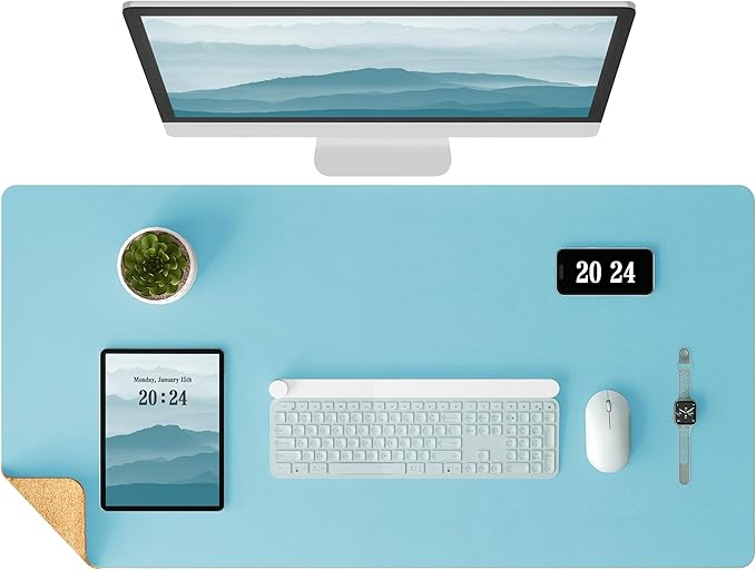 Aothia Double - Sided Desk Pad – 35.4" x 15.7" Leather Desk Mat with Eco Cork Protector, Large Mouse Pad, Waterproof Desk Blotter for Office/Home (Blue Topazn) | Mouse Pads - TrueDesk