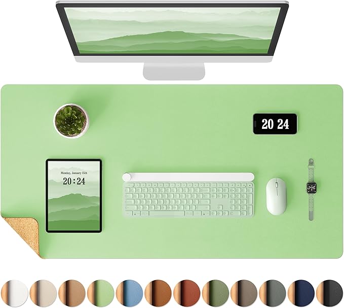 Aothia Double - Sided Desk Pad, 37.8"x17" Leather Desk Mat, Eco Cork Desk Pad Protector,Large Mouse Pad,Waterproof Desk Blotter for Office/Home(Light Green) | Mouse Pads - TrueDesk