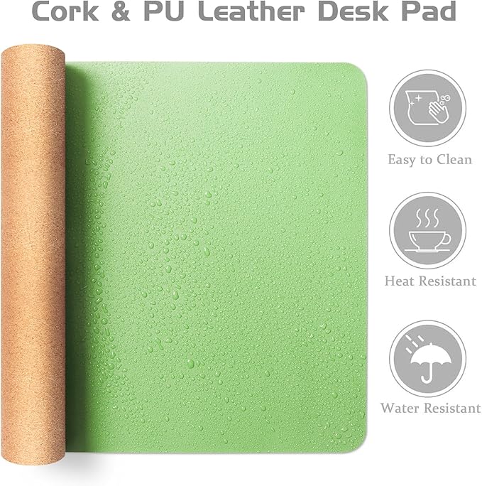 Aothia Double - Sided Desk Pad, 37.8"x17" Leather Desk Mat, Eco Cork Desk Pad Protector,Large Mouse Pad,Waterproof Desk Blotter for Office/Home(Light Green) | Mouse Pads - TrueDesk