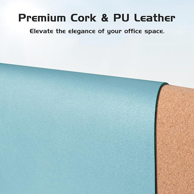 Aothia Double - Sided Desk Pad – 37.8"x17" Leather Desk Mat with Eco Cork Protector, Large Mouse Pad, Waterproof Desk Blotter for Office/Home (Blue Topaz) | Mouse Pads - TrueDesk