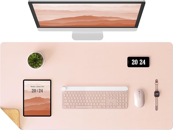 Aothia Double - Sided Desk Pad – 37.8"x17" Leather Desk Mat with Eco Cork Protector, Large Mouse Pad, Waterproof Desk Blotter for Office/Home (Pink) | Mouse Pads - TrueDesk