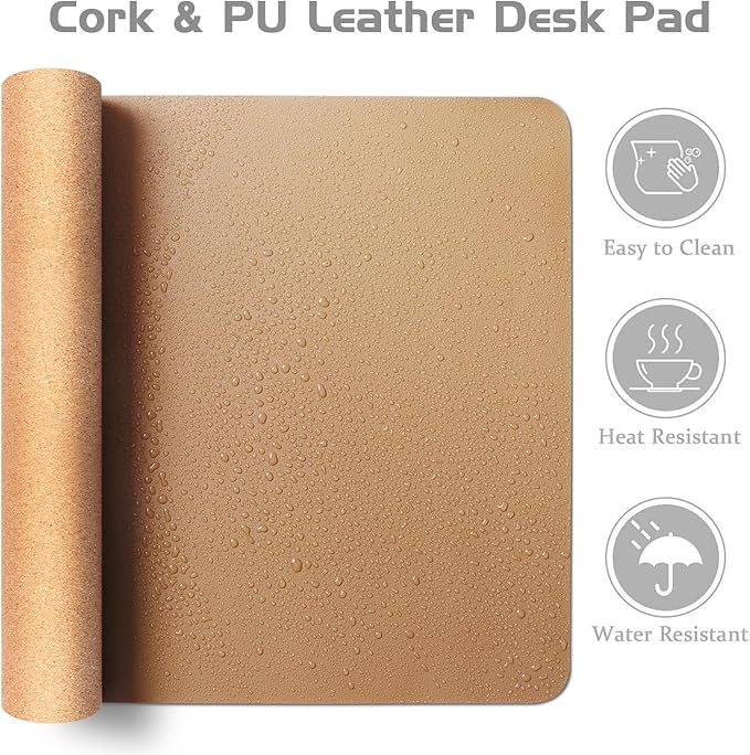 Aothia Dual - Sided Desk Mat - Leather & Cork Desk Protector, Large Mouse Pad & Writing Pad for Office/Home, Waterproof, Apricot (35.4" x 15.7") | Mouse Pads - TrueDesk
