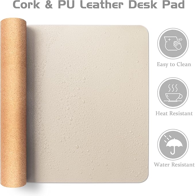 Aothia Dual - Sided Desk Mat - Natural Cork & Leather Desk Protector, Large Mouse Pad, Waterproof Blotter, Writing Pad for Office/Home, Beige (25.6"x13.7") | Mouse Pads - TrueDesk