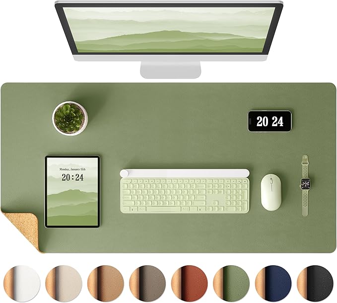 Aothia Dual - Sided Desk Mat - Natural Cork & Leather Desk Protector, Large Mouse Pad & Writing Pad for Office/Home, Olive Green (25.6"x13.7") | Mouse Pads - TrueDesk
