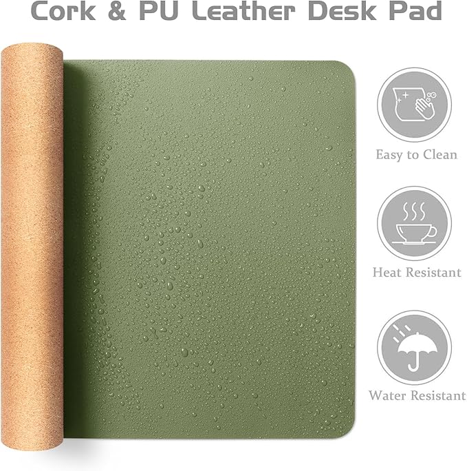 Aothia Dual - Sided Desk Mat - Natural Cork & Leather Desk Protector, Large Mouse Pad & Writing Pad for Office/Home, Olive Green (25.6"x13.7") | Mouse Pads - TrueDesk