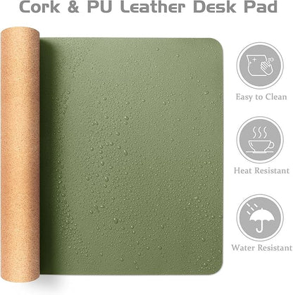 Aothia Dual - Sided Desk Mat - Natural Cork & Leather Desk Protector, Large Mouse Pad & Writing Pad for Office/Home, Olive Green (25.6"x13.7") | Mouse Pads - TrueDesk