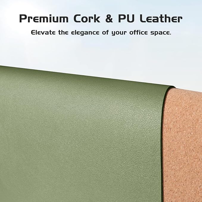 Aothia Dual - Sided Desk Mat - Natural Cork & Leather Desk Protector, Large Mouse Pad & Writing Pad for Office/Home, Olive Green (25.6"x13.7") | Mouse Pads - TrueDesk