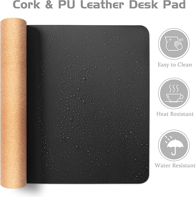 Aothia Dual - Sided Desk Pad - 25.6x13.7 inches Leather Desk Mat, Natural Cork Desk Pad Protector, Large Mouse Pad for Desk, Waterproof Desk Blotter Pad, Desk Writing Pad for Office Work/Home, Black | Mouse Pads - TrueDesk