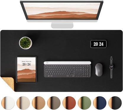 Aothia Dual - Sided Desk Pad - 25.6x13.7 inches Leather Desk Mat, Natural Cork Desk Pad Protector, Large Mouse Pad for Desk, Waterproof Desk Blotter Pad, Desk Writing Pad for Office Work/Home, Black | Mouse Pads - TrueDesk