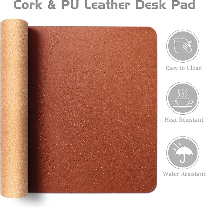 Aothia Dual - Sided Desk Pad - Leather Desk Mat, Natural Cork Desk Pad Protector, Large Mouse Pad for Desk, Waterproof Desk Blotter Pad, Desk Writing Pad for Office Work/Home, Maple Brown(35.4" x 15.7") | Mouse Pads - TrueDesk