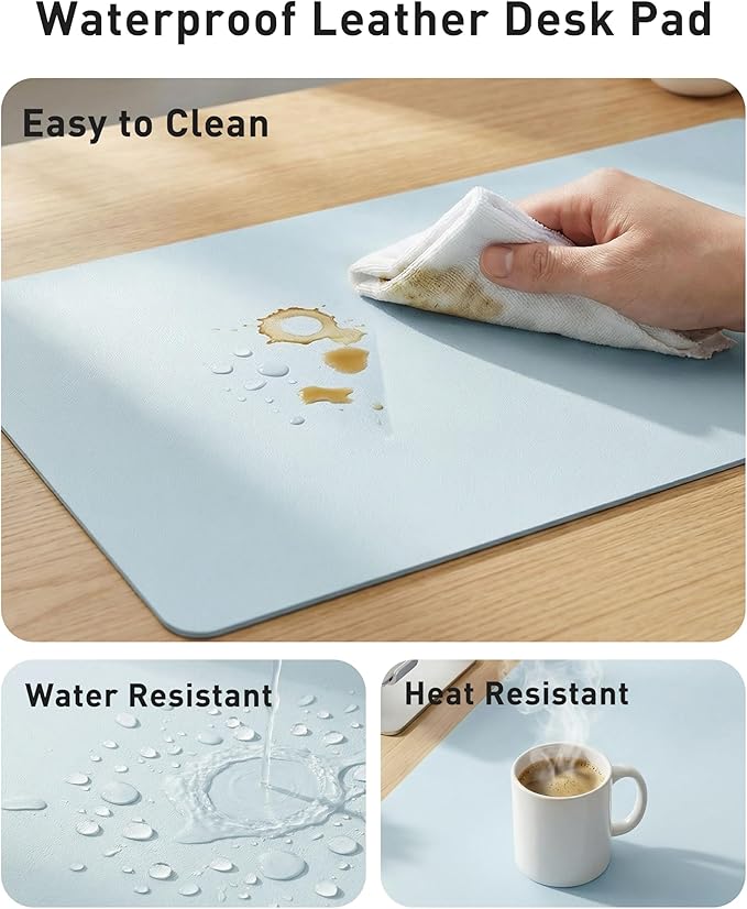 Aothia Faux Leather Desk Mat - Large Mouse Pad, Non - Slip PU Leather Blotter, Waterproof Writing Surface for Office and Home (Baby Blue, 40" x 24") | Desk Pads Blotters - TrueDesk