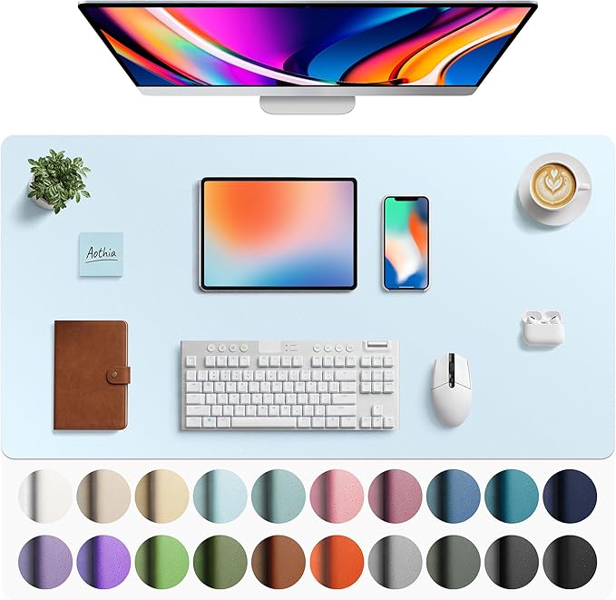 Aothia Faux Leather Desk Mat - Large Mouse Pad, Non - Slip PU Leather Blotter, Waterproof Writing Surface for Office and Home (Baby Blue, 40" x 24") | Desk Pads Blotters - TrueDesk