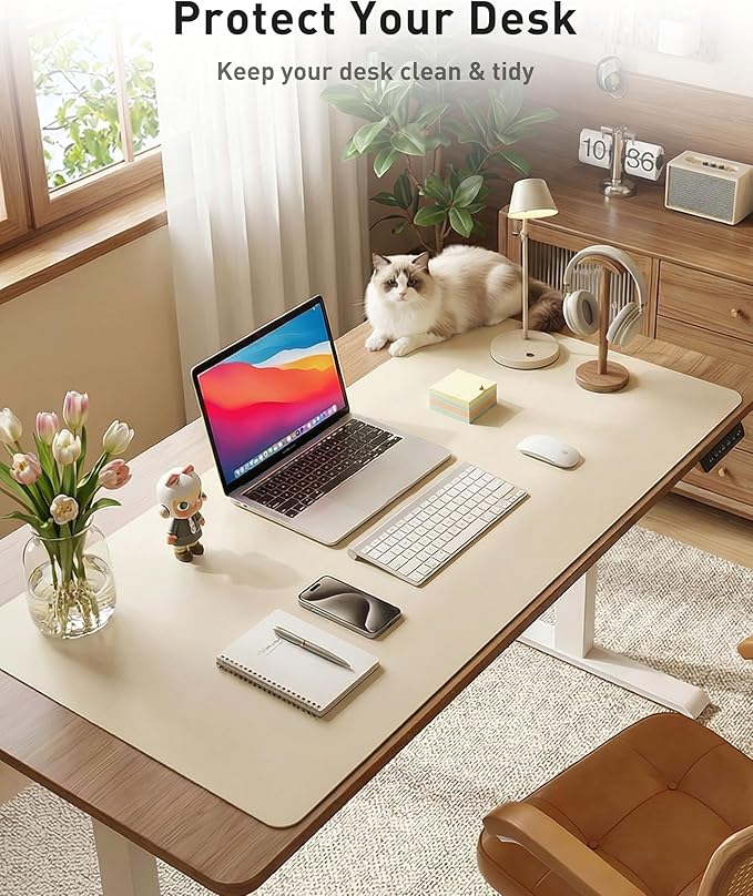 Aothia Faux Leather Desk Mat - Large Mouse Pad, Non - Slip PU Leather Blotter, Waterproof Writing Surface for Office and Home (Beige, 42" x 17") | Desk Pads Blotters - TrueDesk
