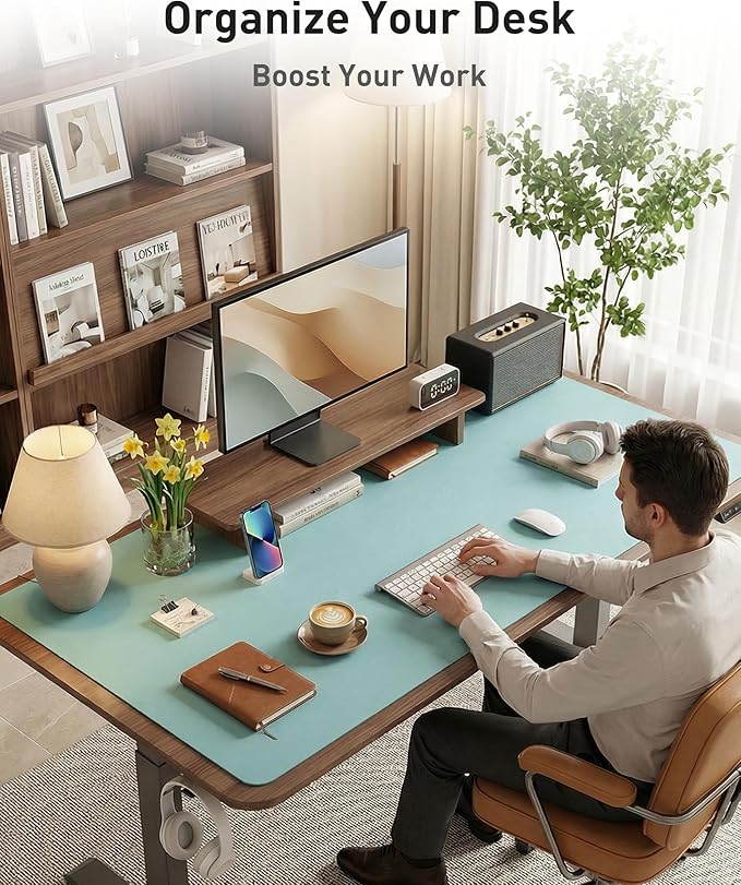 Aothia Faux Leather Desk Mat - Large Mouse Pad, Non - Slip PU Leather Blotter, Waterproof Writing Surface for Office and Home (Blue Topaz, 40" x 24") | Desk Pads Blotters - TrueDesk