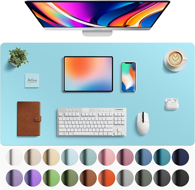Aothia Faux Leather Desk Mat - Large Mouse Pad, Non - Slip PU Leather Blotter, Waterproof Writing Surface for Office and Home (Blue Topaz, 40" x 24") | Desk Pads Blotters - TrueDesk