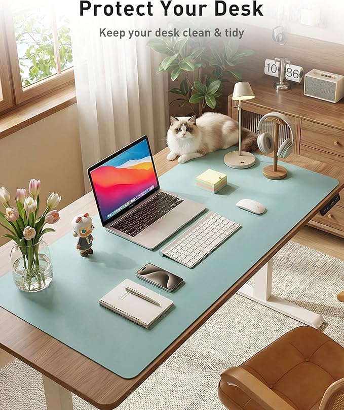 Aothia Faux Leather Desk Mat - Large Mouse Pad, Non - Slip PU Leather Blotter, Waterproof Writing Surface for Office and Home (Blue Topaz, 40" x 24") | Desk Pads Blotters - TrueDesk
