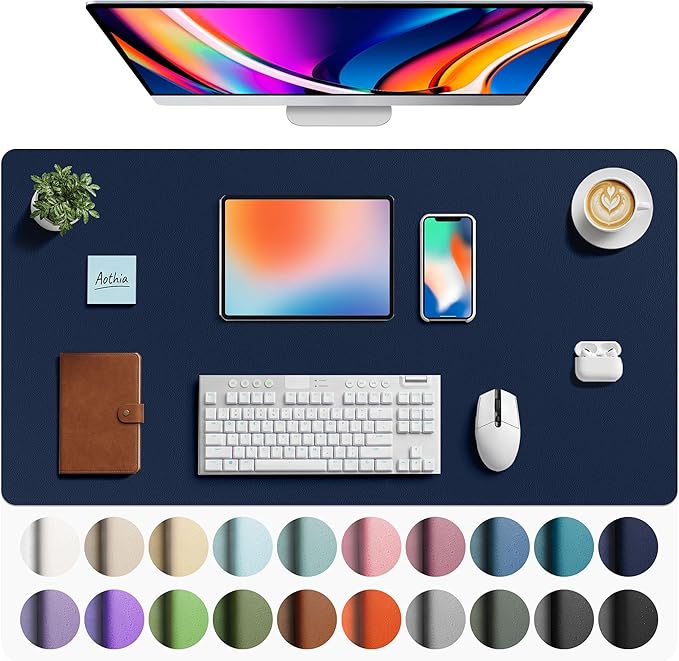 Aothia Faux Leather Desk Mat - Large Mouse Pad, Non - Slip PU Leather Blotter, Waterproof Writing Surface for Office and Home (Dark Blue, 40" x 24") | Desk Pads Blotters - TrueDesk